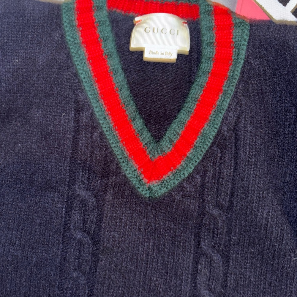 Gucci Men's V-Neck Sweater in Navy with Red and Green Trim